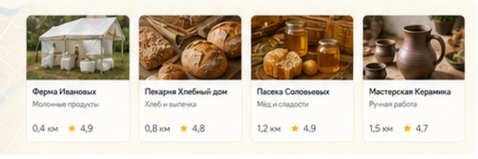 Карта и карточки продавцов рядом